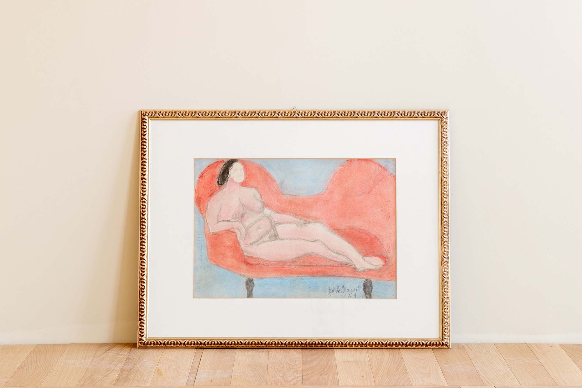 <em>Nudo sul divano rosso</em>, 1951, matite colorate su carta, 48x33cm